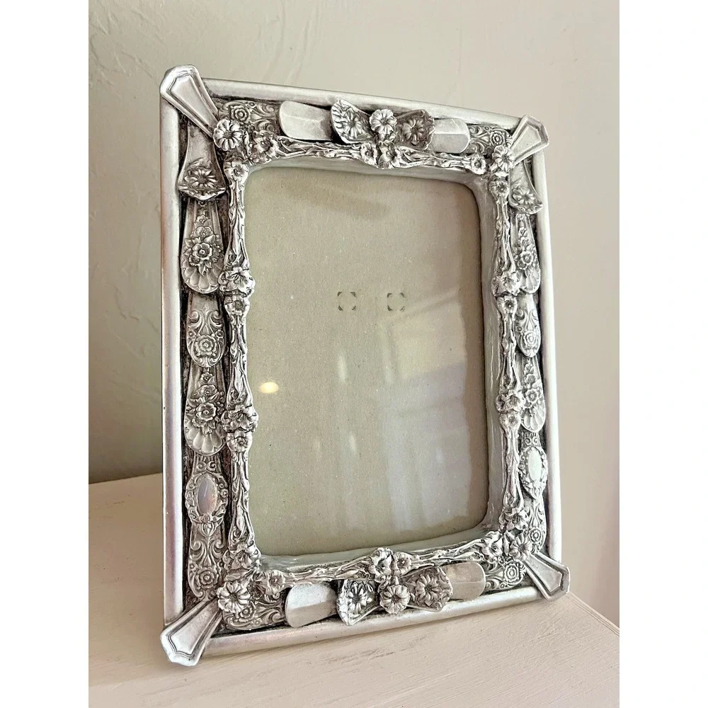 Vintage Ornate Picture Photo Frame Silver Metal Flatware Spoon Ends Handles 5x7